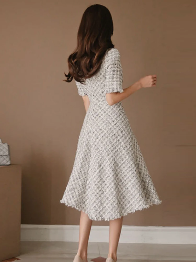 Women Fashion Chic Party Dress Luxury Casual Crew Neck Short Sleeve Plaid Slim Gown Robe Ladies Elegant A-Line Vestidos