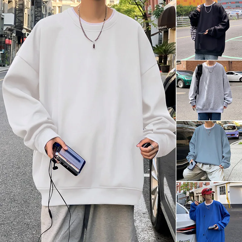 

Однотонные мужские свободные толстовки 2023, качественные мужские Повседневные базовые толстовки с круглым вырезом и длинным рукавом, уличная одежда, мужские пуловеры, одежда