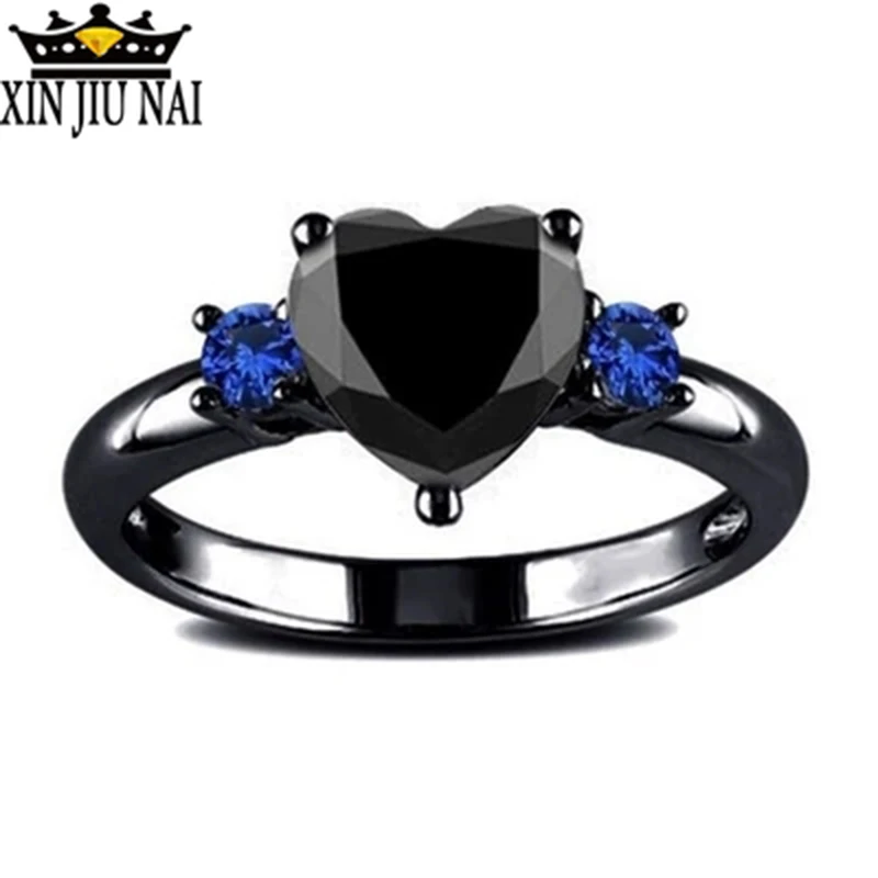 

Punk Trendy Vintage Black gold Black Gold Color Love Heart Charm Finger Ring For Women Blue Black Crystal Wedding party Ring