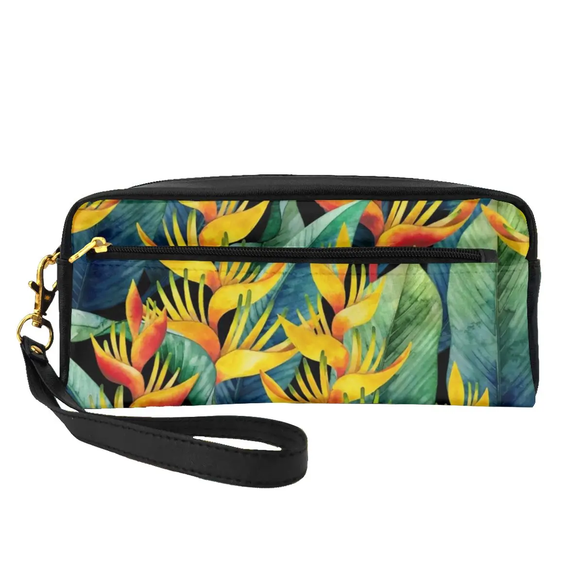 

Tropical Floral Leather Storage Organizers Watercolor Heliconia Women's Makeup Pouch Pack Restroom Cosmetic Bags