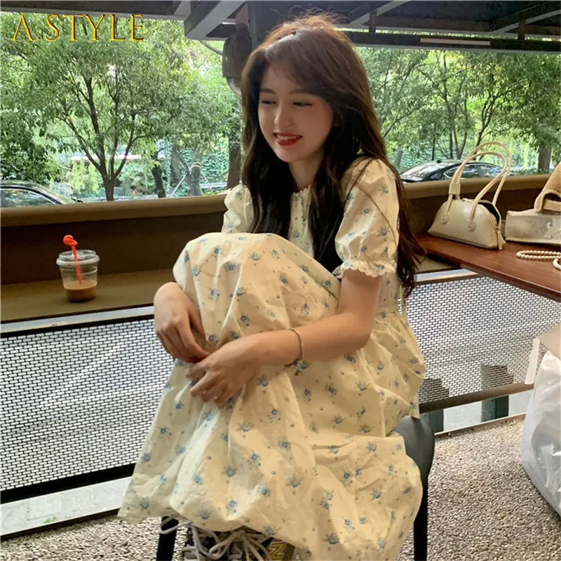 

A GIRLS Dress Women Lace Short Puff Sleeves Mid-calf Floral Summer Kawaii Girlish Sweet Japanese A-line Chic Temper Daily