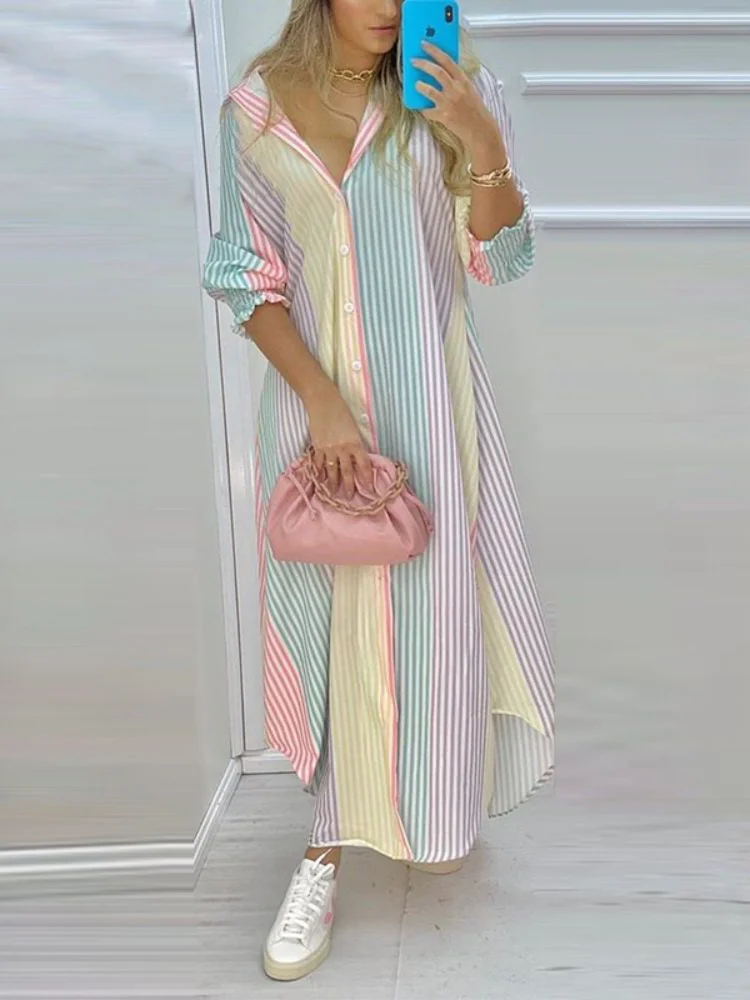 

Yeezzi 2023 Summer Female Fashion Irregular Clipping Multi-Colored Striped Shirt Dress Going Out Vacation Maxi Dresses For Women