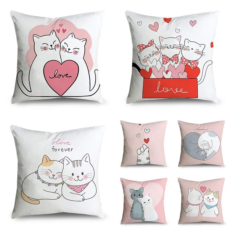 

Cute Cartoon Cat Cushion Cover Decorative Printed Polyester Pillowcase Living Room Car Sofa Chair Decorative Pillow Case