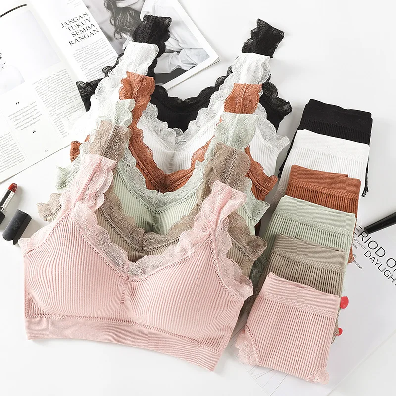 

Sexy Lace Lingerie Set Padded Bra Set Wire Free Solid Color Women's Underwear Brassiere Comfortable Yoga Fitness Crop Top