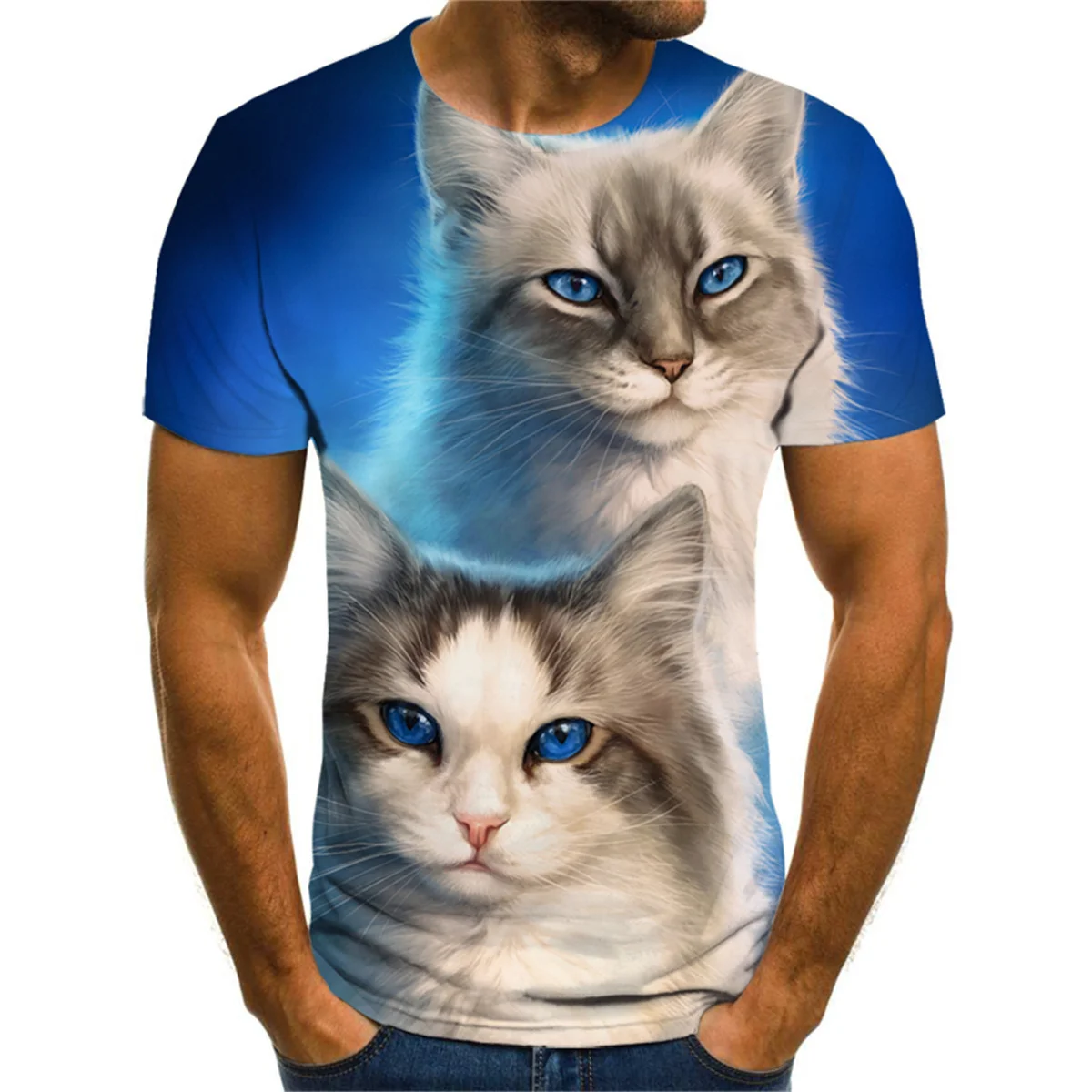

Cool European and American Trend Naughty Cat Print Short Sleeve T-shirt Summer Casual Hip Hop Men Around Neck Pullover Bottomi