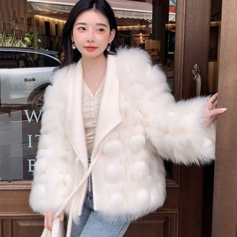 Parkas Womens Outdoors Coats Jackets 2022 Winter Faux Fur Fox Fur Splicing Thickening Warm Bandage Cardigan Casual Jackets Woman