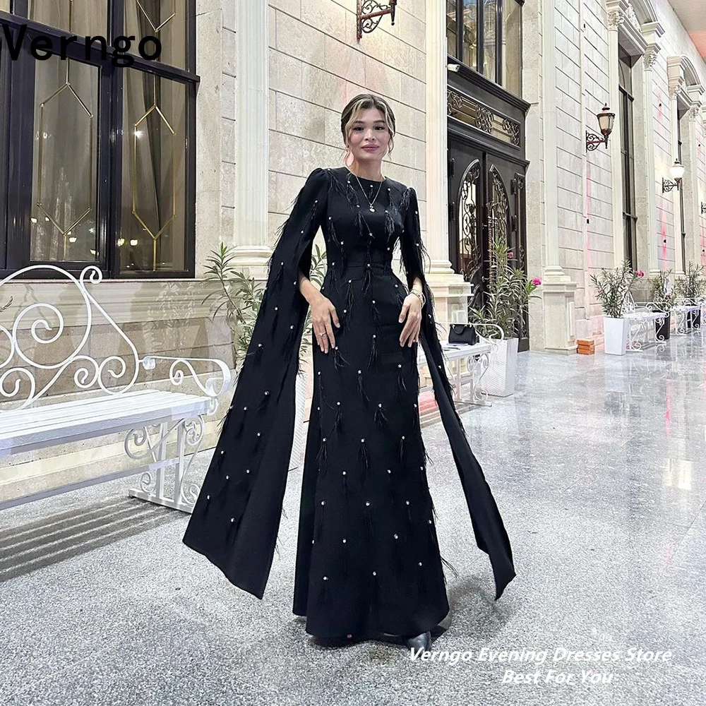 

Verngo O Neck Long Puff Sleeves A Line Pearls Evening Gown Feather Dress For Prom Arabic Belt Long Party Dress