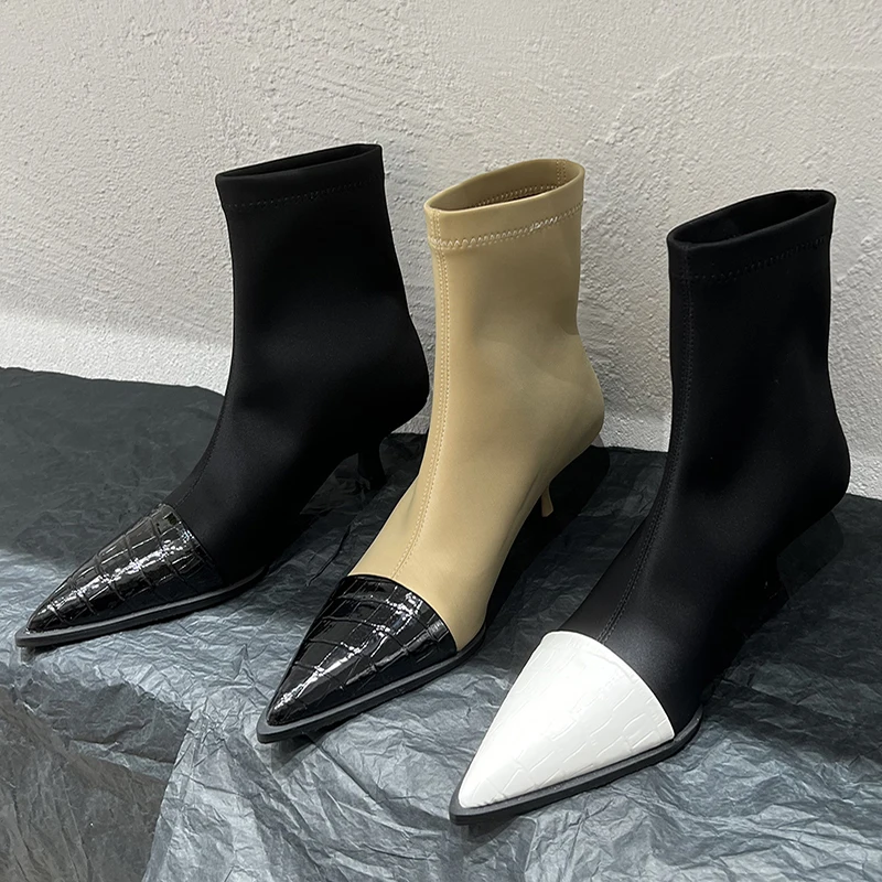 

2022 New Autumn Winter Fashion Mixed Colors Ladies Ankle Boots Pointed Toe Women Modern Stretch Boots Female Heel Pumps Shoes
