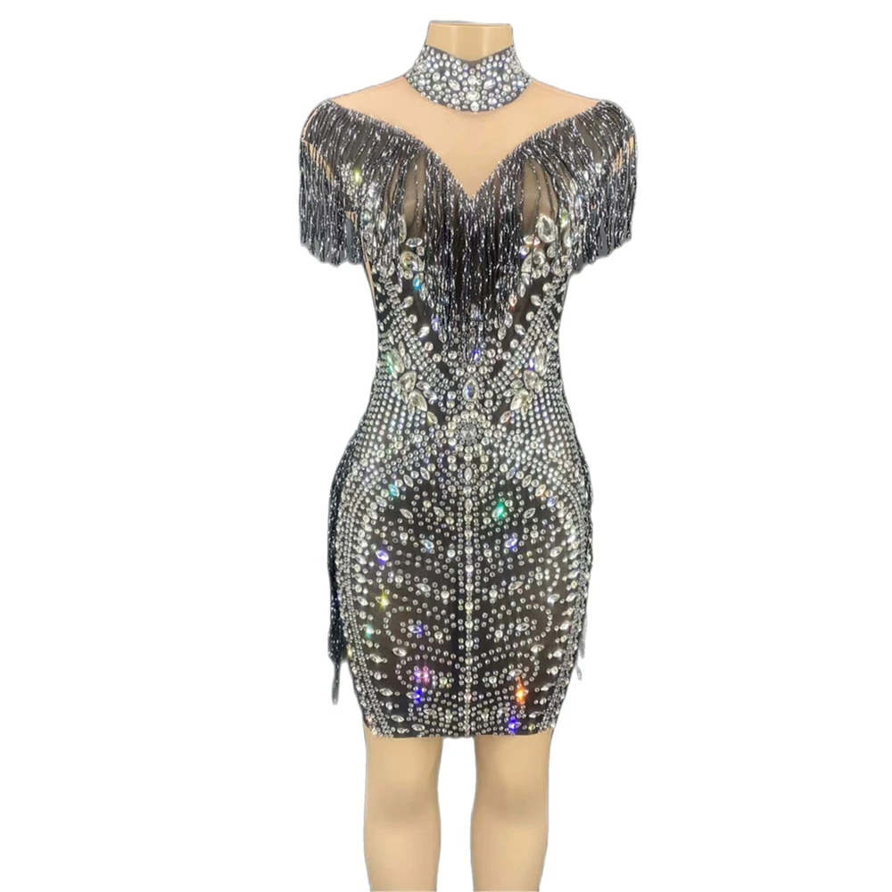 

Black And Silver Shining Crystal Rhinestones Sexy Tassel Dress For Women Nightclub Party Clothing Stage Singer Costumes