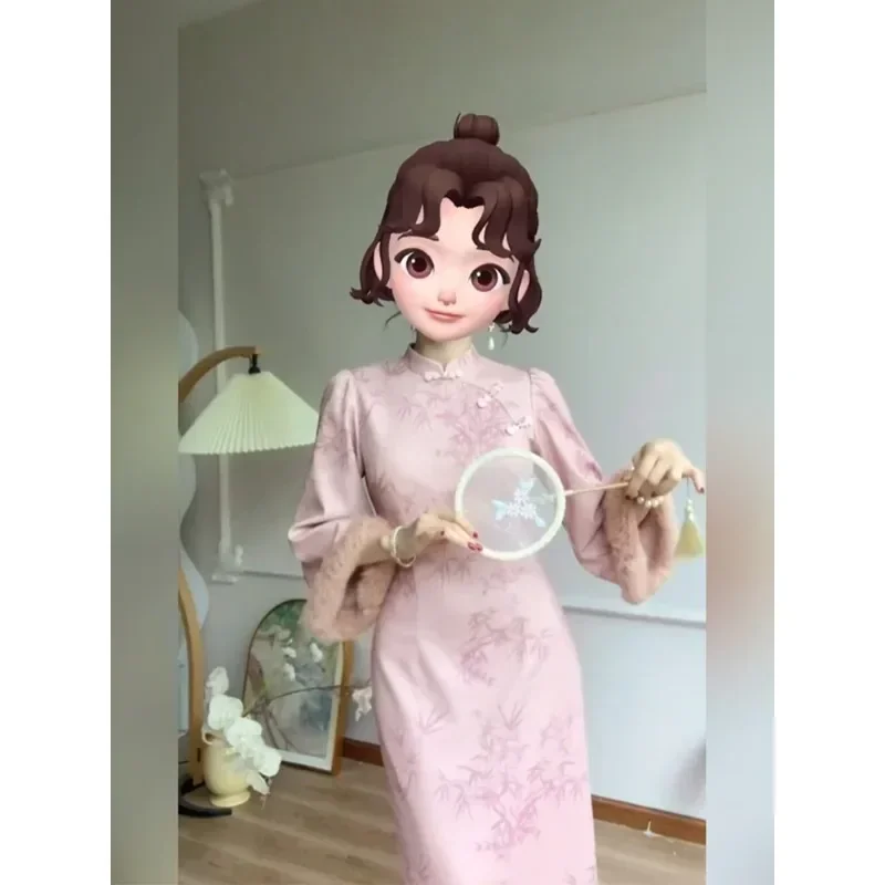 Осенне-зимнее теплое платье-Ципао в китайском стиле с принтом виде бамбука