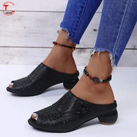 style retro summer womens sandals hollow breathable sandals womens casual shoes leather thick heel roman sandals women tghdof