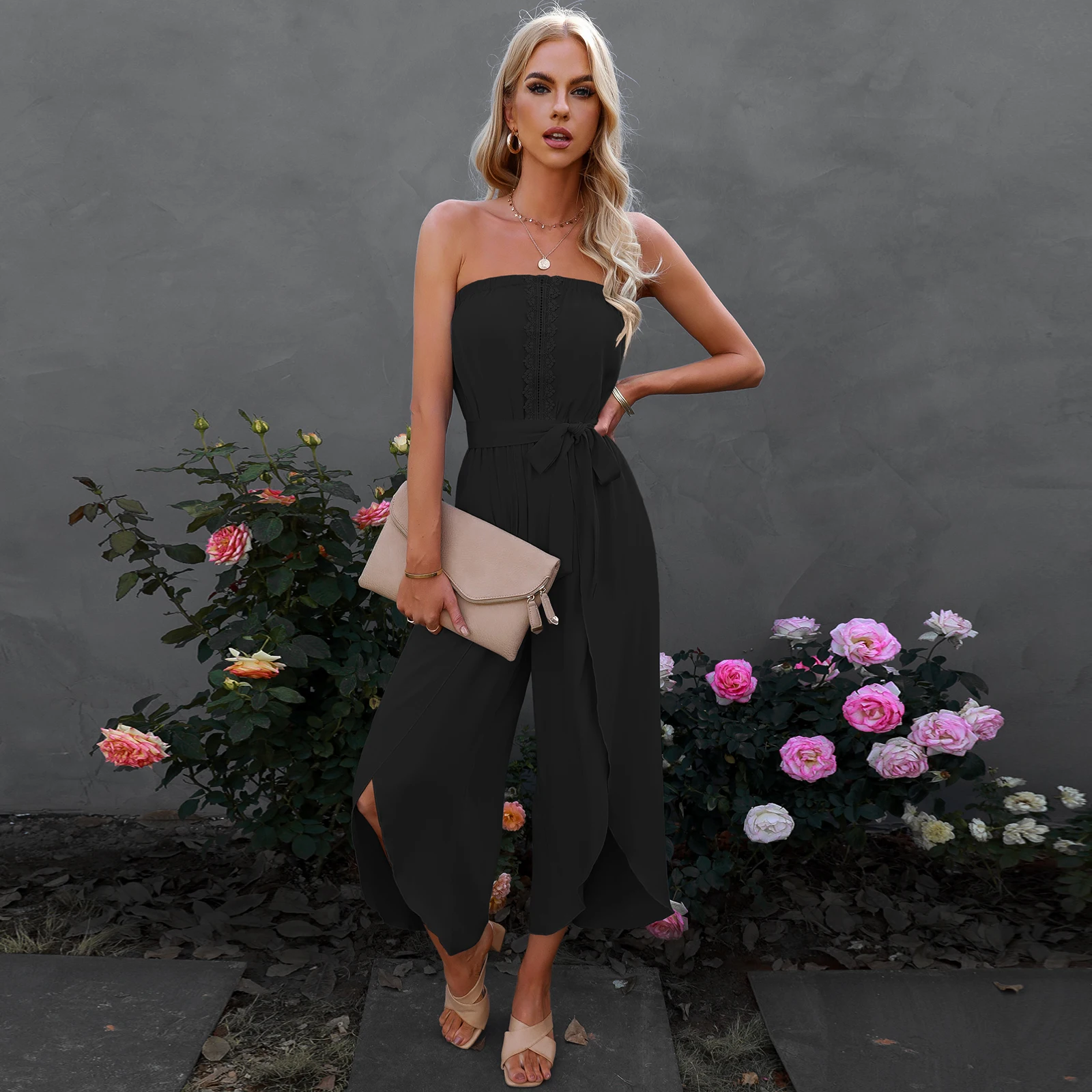 

Women Long Jumpsuit with Waist Belt Strapless Lace-Trimmed Plain Ladies Summer Long Split Wide-Leg Pants Romper