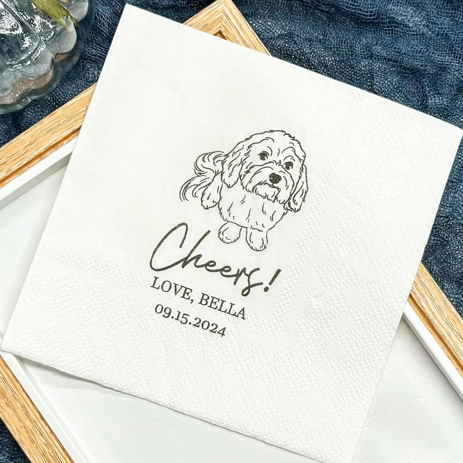 50pcs Custom dog Wedding Napkins Personalized Cocktail Pet Dog Illustration Portrait Lov