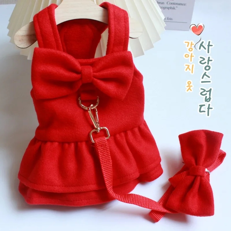 

Red Bowknot Dress Dog Pet Clothing Christmas New Year Traction for Dogs Clothes Cat Cute Happy Autumn Winter Fashion Yorkshire
