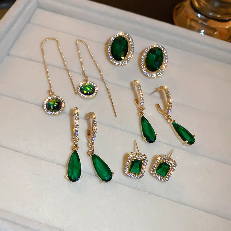 

Classic Emerald Green Zirconia Waterdrop Dangle Earrings For Women Ear Line Long Pendientes Brincos Wholesale