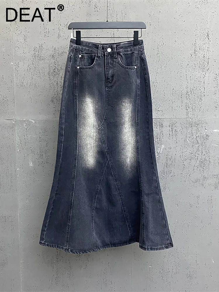 

DEAT Women's Trumpet Skirt High Waist Slim Straight Wide Leg Denim Mermaid Black Long Skirt 2023 Autumn New Fashion 29L2729
