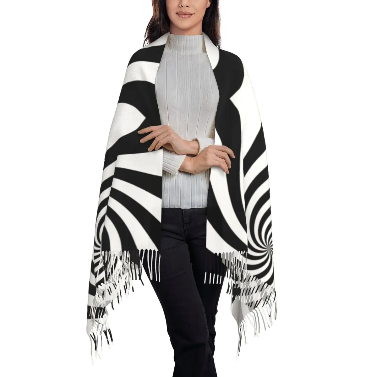 Белый и черный шарф со звездами женский длинный зимне-осенний теплый шаль с