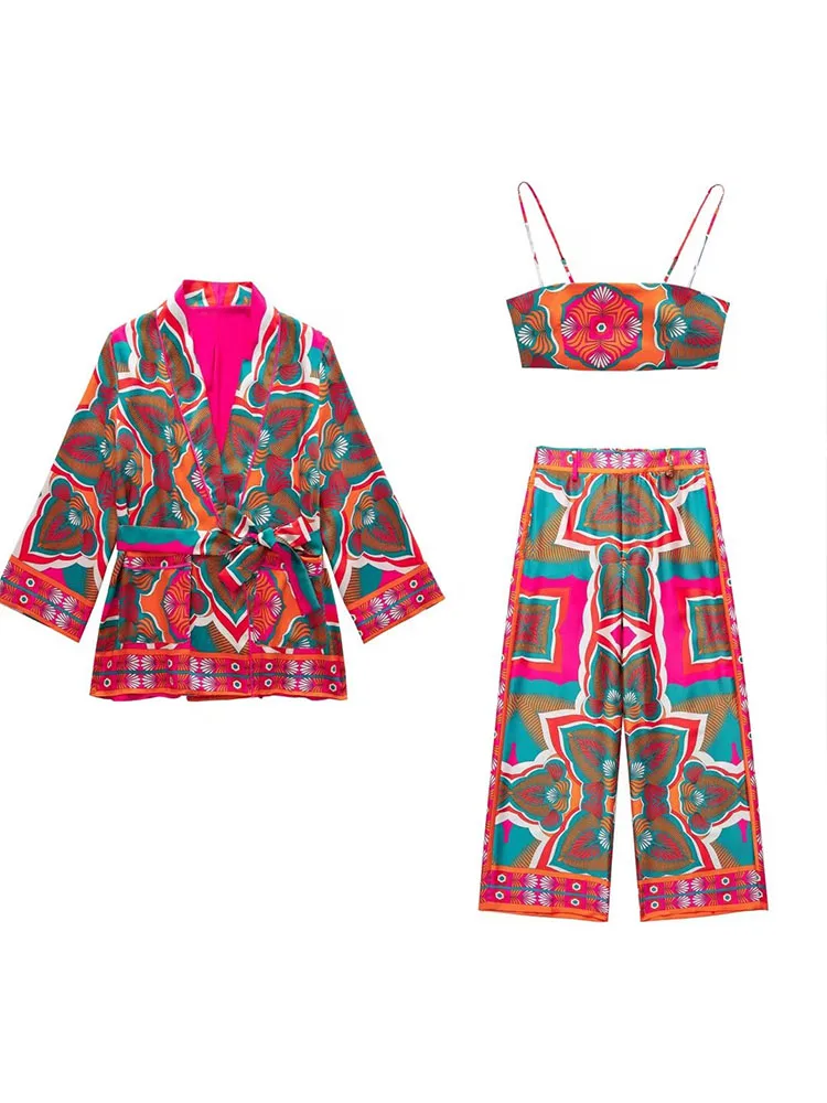 

Women 2022 Autumn New Fashion Matching Belt Printed Kimono Vintage Long Sleeve pocket Female Chic Tops