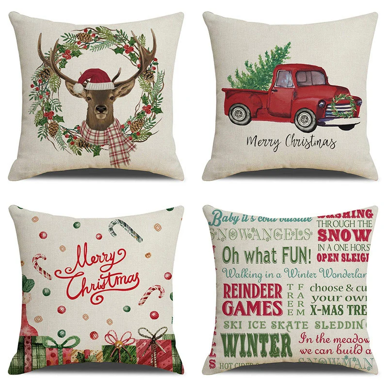 

Christmas Red Truck Deer Cushion Cover Christmas Tree Decora Pillow Cover Family Living Room Chair New Year Pillowcase 45x45cm