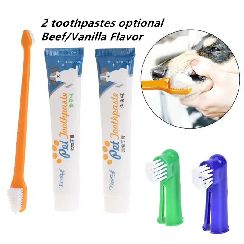 

Pet Toothbrush Toothpaste Set For Cat Dog Oral Care Teeth Cleaning Brush Reduce Tartar Beef Vanilla Flavor Pet Toothpaste