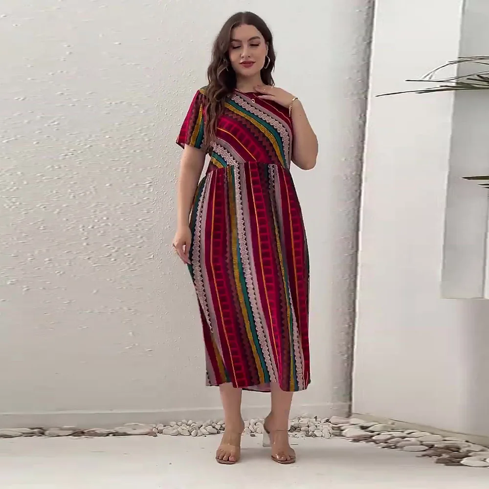 

2022 Women's Plus Size Dress Summer 2022 New Colored Striped Patchwork Print Short Sleeve Empire Swing Midi Dresses 5XL 4XL