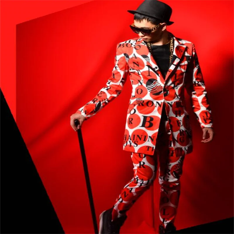 Nightclub suits mens blazers stage male singer red big wave dot letter suit big-name bar costume accessories dance