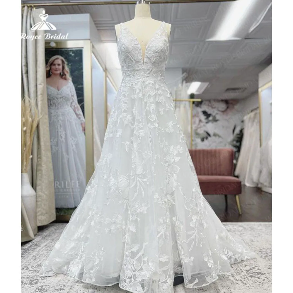 

Roycebridal Boho V Neck Wedding Dresses A-Line Lovely Vestidos De Novia Appliques Lace Wedding Gowns Bohemia Bridal Dress