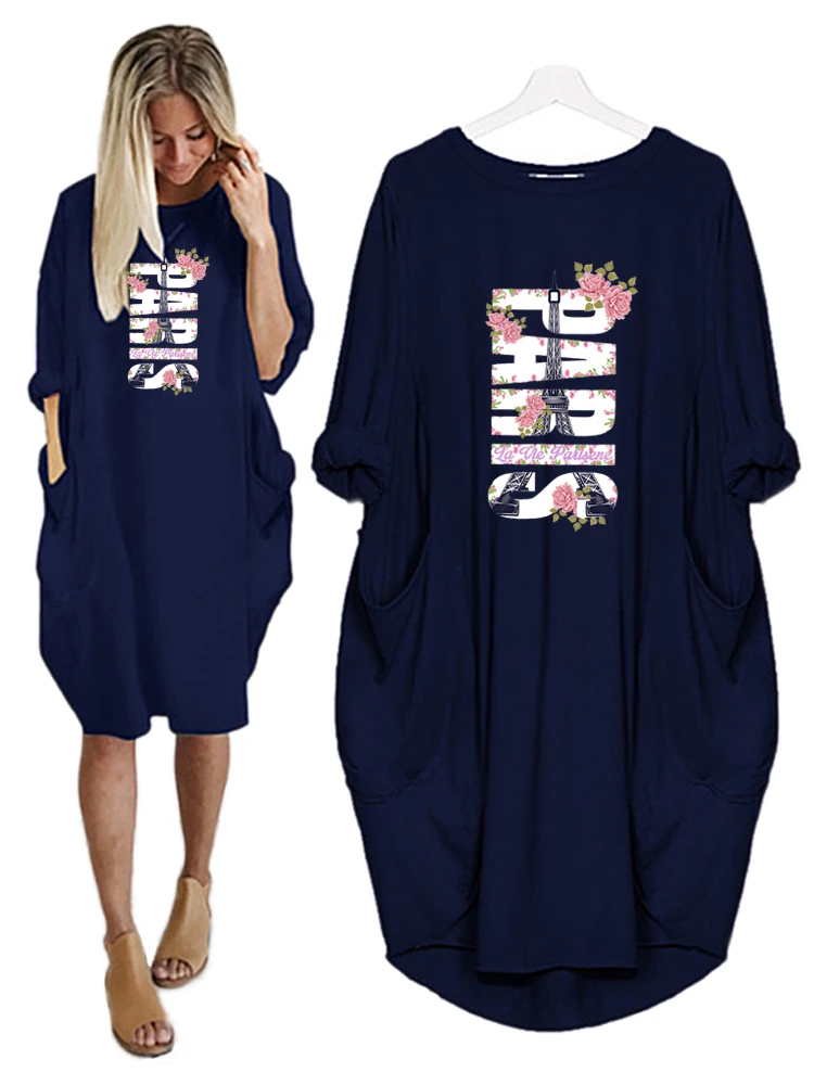 

Paris Tower Womens Dresses Letter Casual Loose Women Clothes 2022 Long Sleeve Pockets Vestidos Elegant Party Midi Sundresses