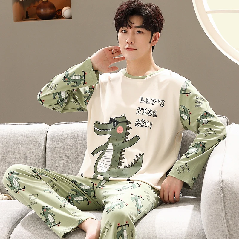 Spring Long Sleeves Sleeping Tops Trousers Nightwear For Men Cotton Pijamas Suit Male Cartoon Casual Home Clothes Pjs Homme