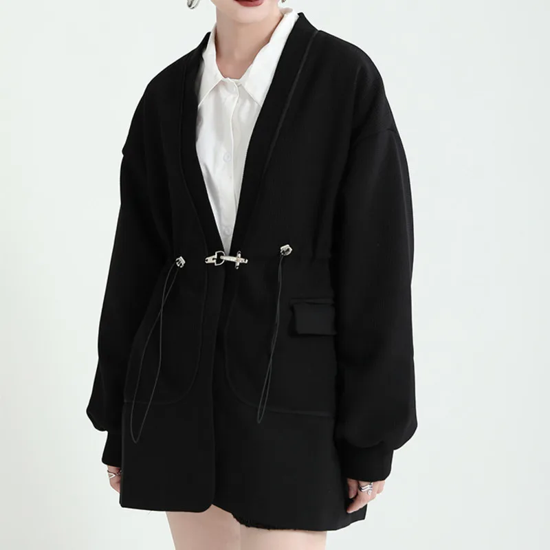 

Простой черный женский кардиган XUXI на завязках с открытой спиной, свободное утепленное короткое пальто с длинным рукавом, зима 2021, E4639