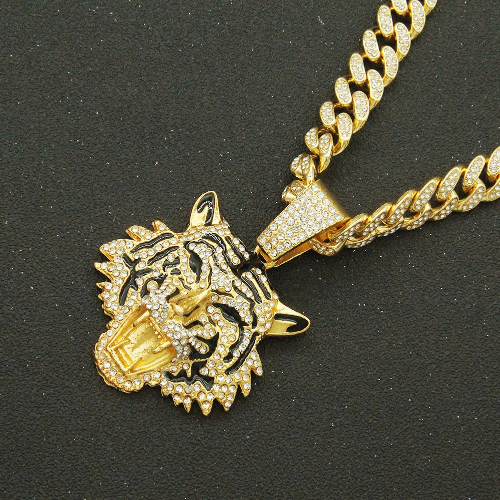 

Men Women Hip Hop Iced Out Bling Bling Tiger Head Pendant Necklace With 13mm Miami Cuban Chain Necklaces Fashion Charm Jewelry