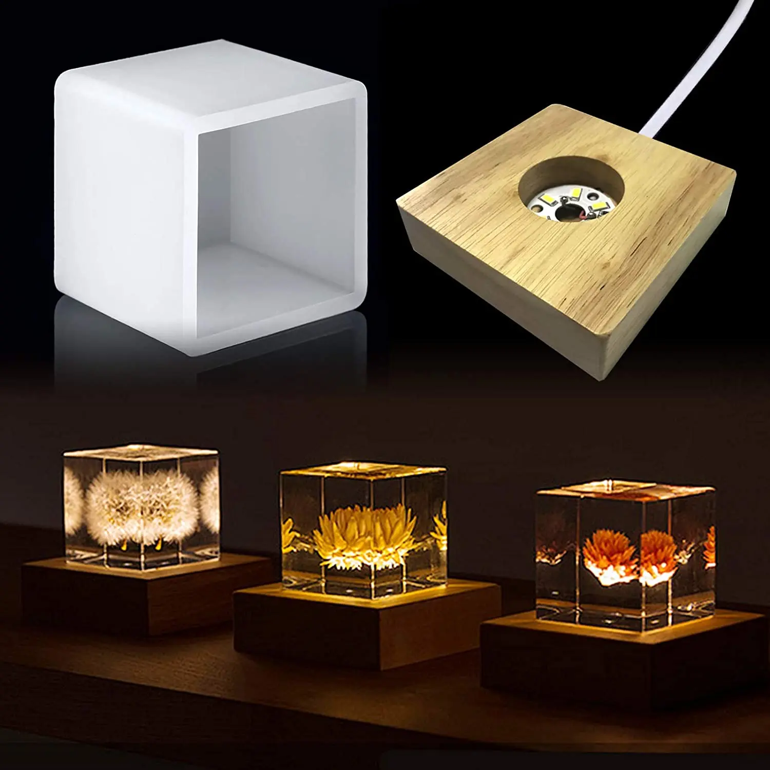 Square Light Resin Mold,led Silicone Molds For Resin,resin Silicone Molds With Wooden Lighted Base Stand For Resin Art