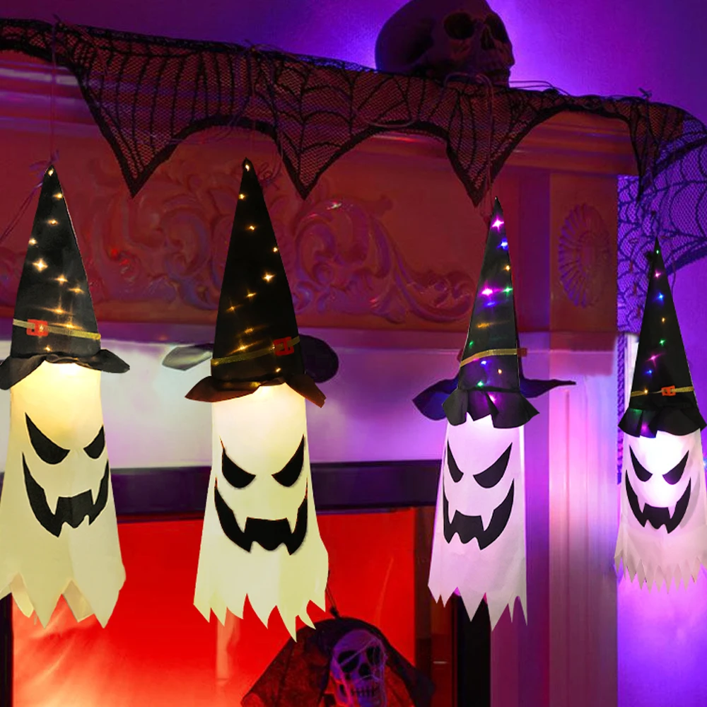 

Large Halloween LED Ghost Hat Colorful Glowing Witch Hat Halloween Costume Props Outdoor Tree Hanging Ornament Home Party Decor