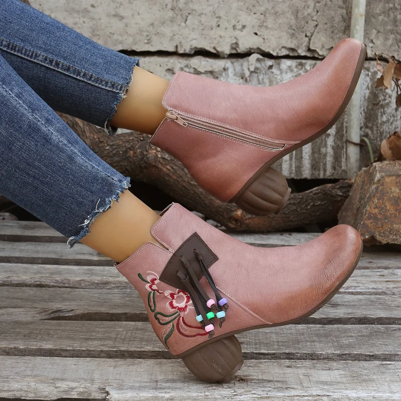 

Boots for Women 2022 New Retro Round Toe Lantern Heel Boots Fashion Embroidered Shoes Elegant Ethnic Ladies Boots Zapatos Mujer