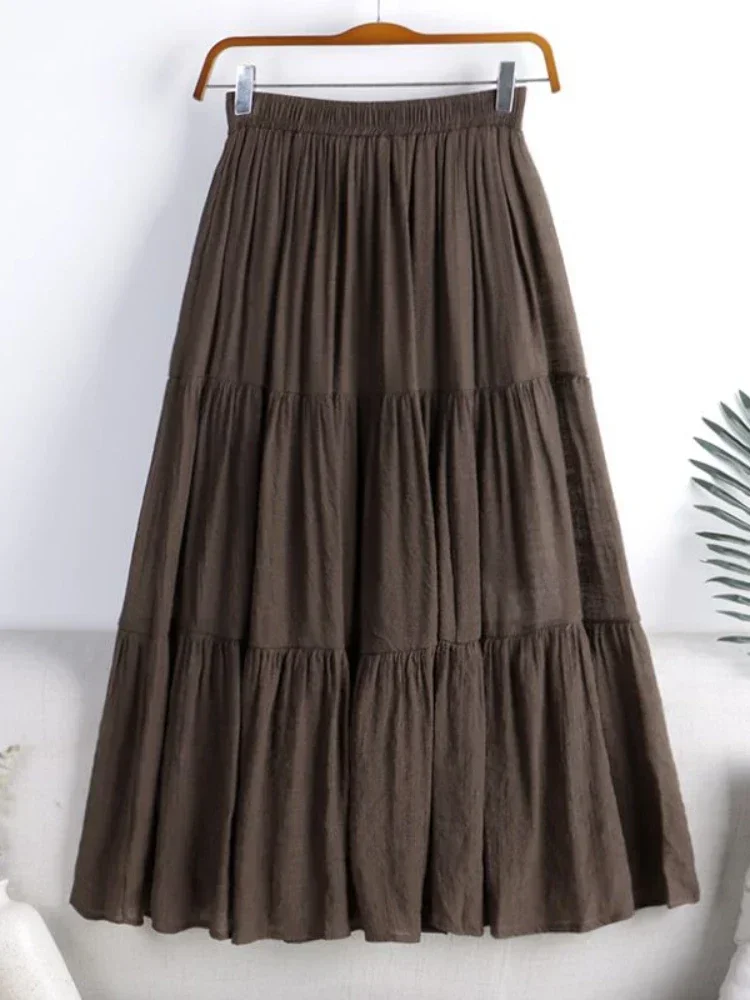 Хлопково-льняные повседневные длинные юбки трапециевидной формы с эластичной