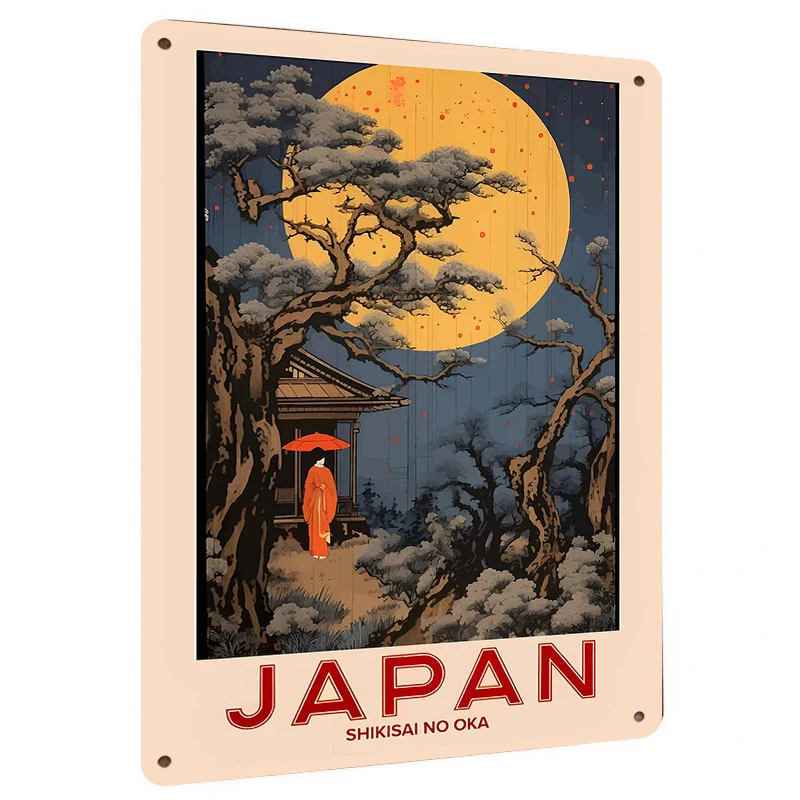 Фото Японский винтажный стиль Ukiyo e, металлическая настенная живопись, лунный сад с красным зонтиком, гейша, декоративная живопись для гостиной №1
