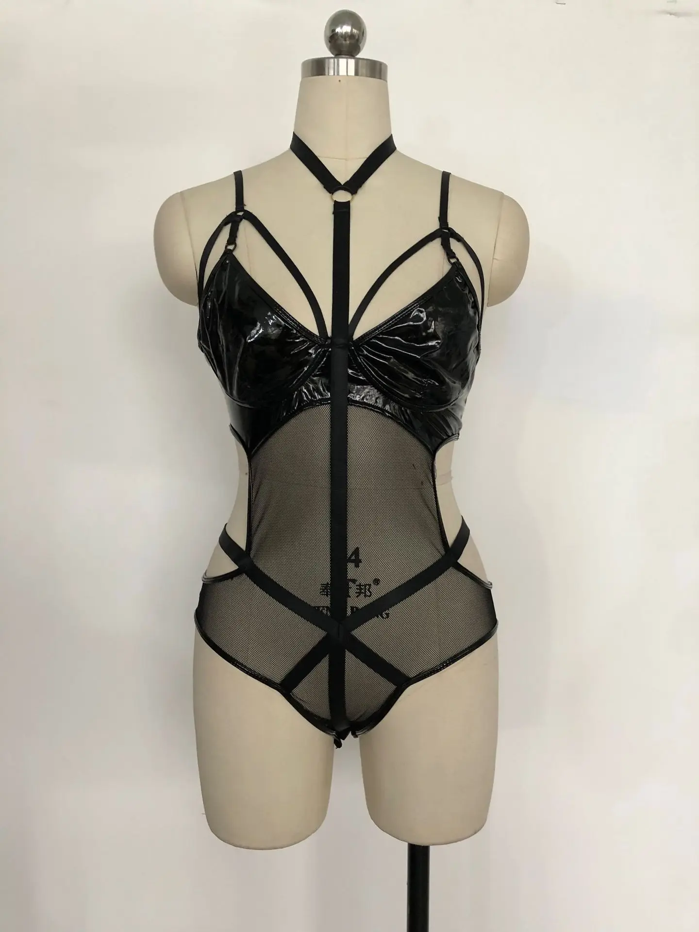 Женское боди из искусственной кожи латексный костюм кошки с высоким вырезом и