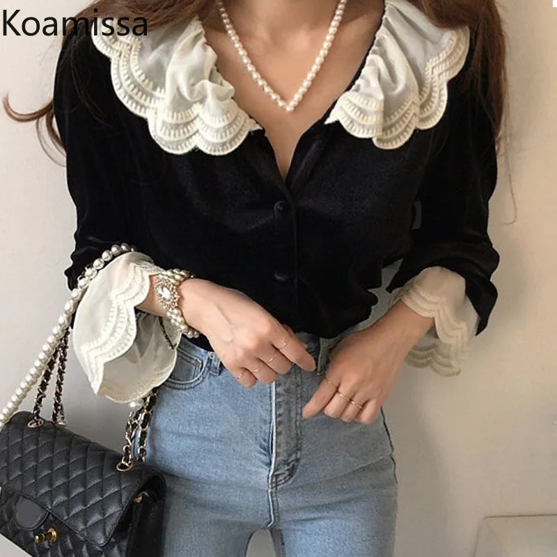 

Koamissa Lace Women Vevlet Vintage Blouse Flare Sleeves Fashion Office Lady Spring Autumn 2022 New All Match Blusas Chic Kroean