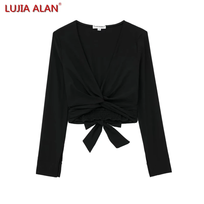 

Autumn New Women V-neck Twist Knot Design Black Short Blouse Female Long Sleeve Shirt Casual Slim Fit Crop Tops LUJIA ALAN B2182