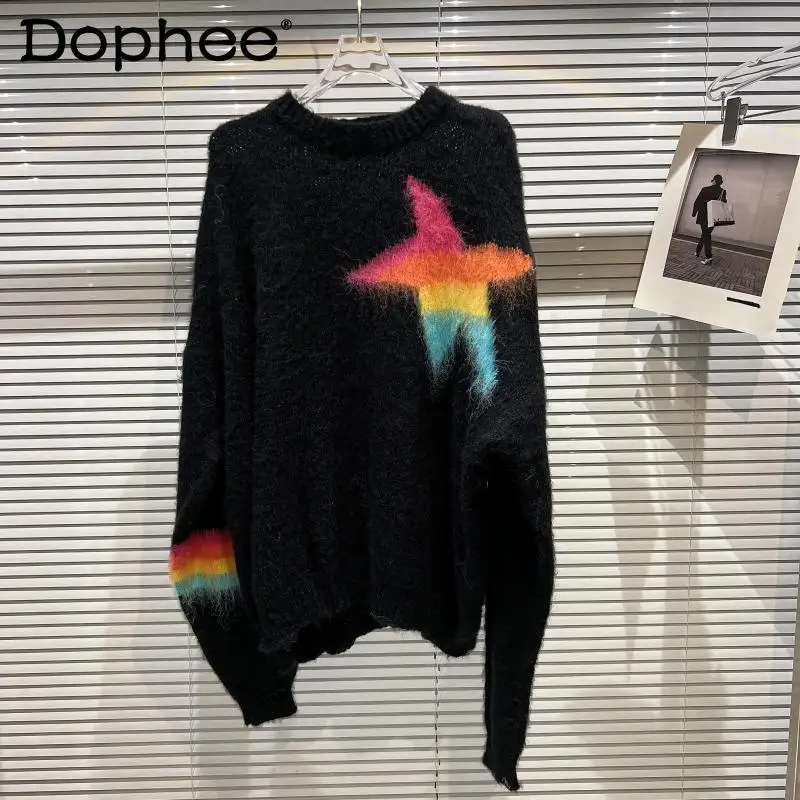 

2022 Autumn and Winter New Sweater Women's Runway Gradient Color Five-Pointed Star Pattern Warm Mohair Knitted Sweater Pullover