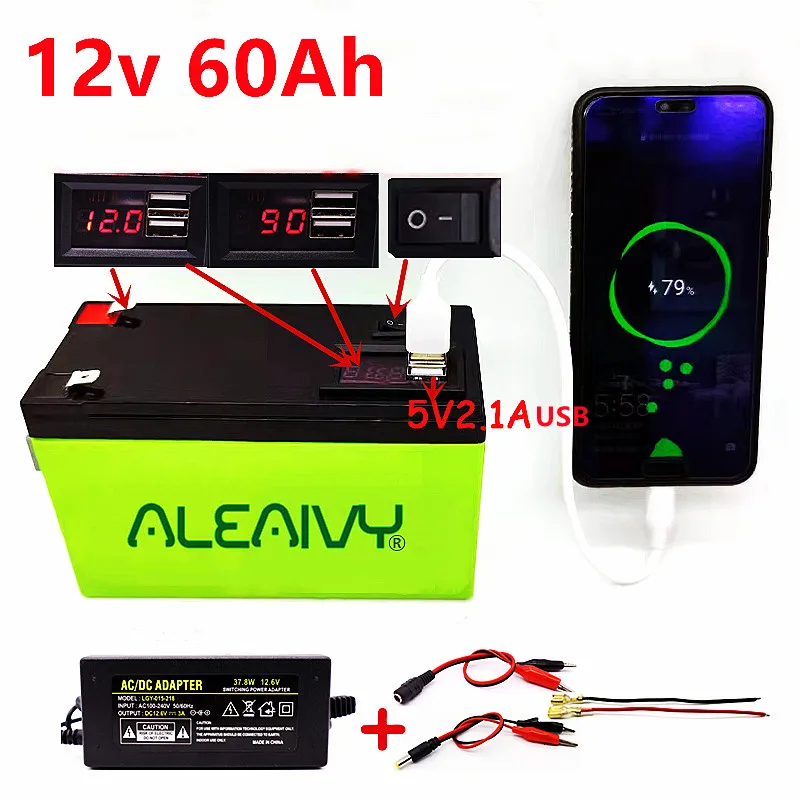 

12v60Ah Portable LiFePO4 Lithium Battery Rechargeable Battery Pack Built-in 5v 2.1A USB Android Apple Charging Port with Charger