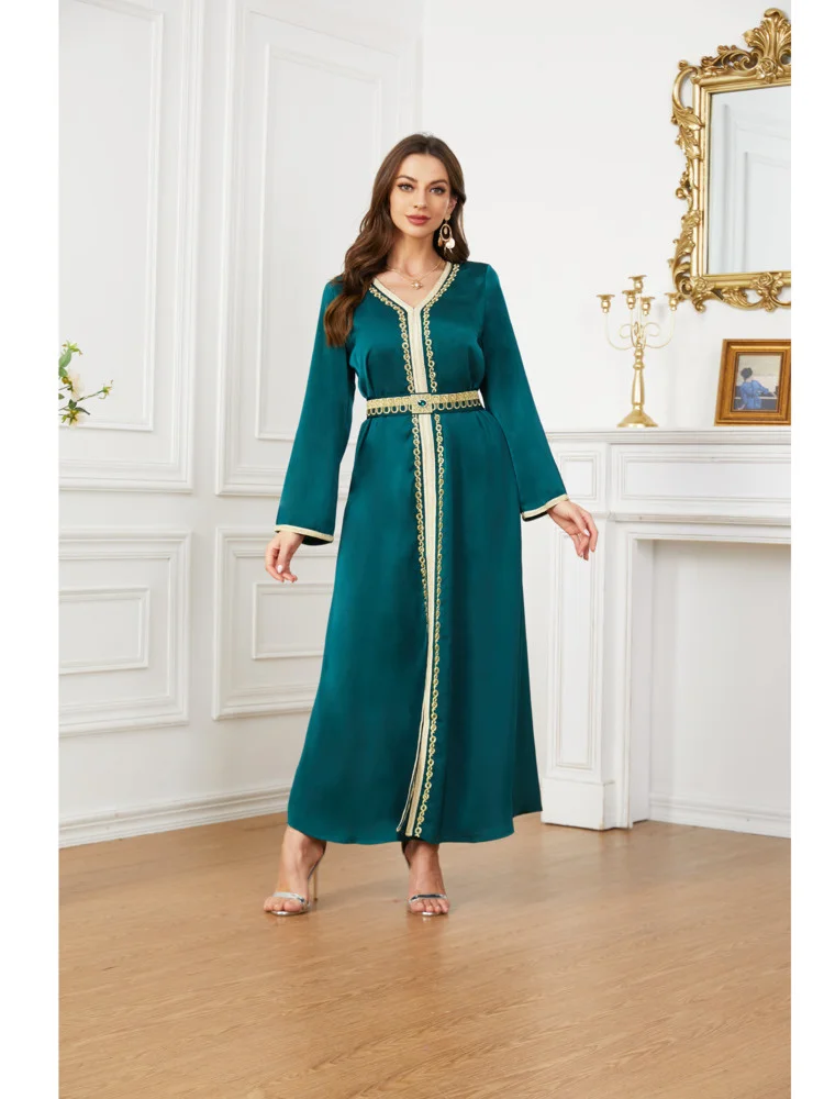 Kaftan for Women Muslin Morocco Caftan 2 Pieces for Wedding Easter Sunday Pentecost Kaftan Dress with Belt Green Ramadan Caftan