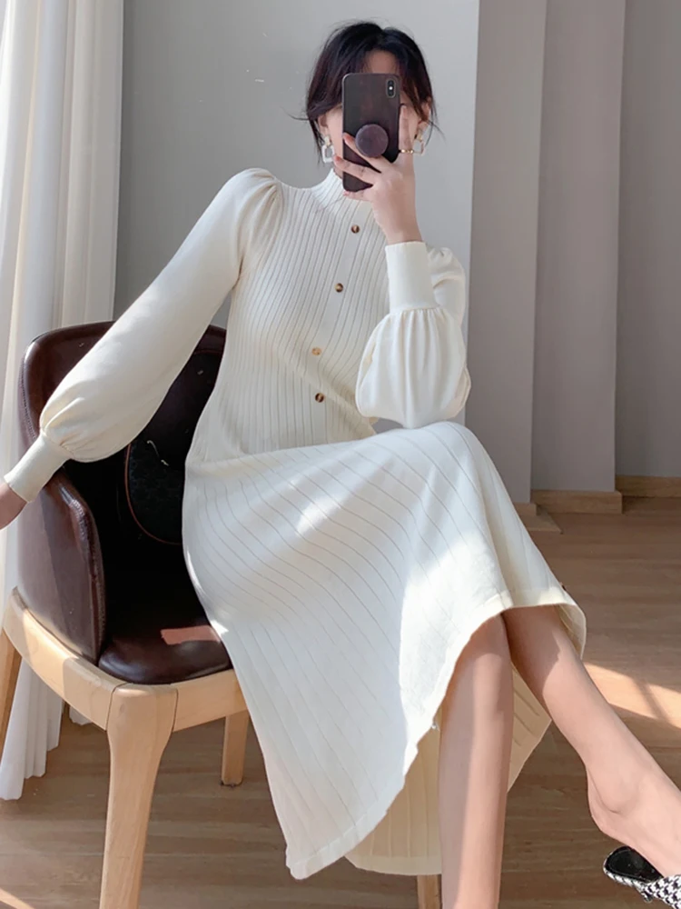 

QOERLIN Rib Turtleneck Dresses for Women 2022 Korean Fashion Retro Simple Wrinkle Elastic Waist A-Line Long Sleeve Dress Buttons