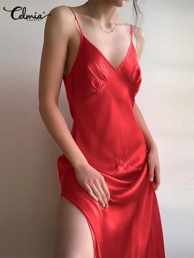 

Celmia Sexy Spaghetti V-neck Nightgown Women Strap Pajama Sleepwear 2022 Summer Slim Satin Long Nightdress Elegant Lady Homewear