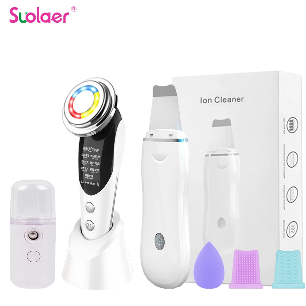 

7в1 RF & EMS устройство для подтяжки лица ультразвуковой скруббер для кожи Электрический массажер для лица Вибрационный шпатель для удаления у...