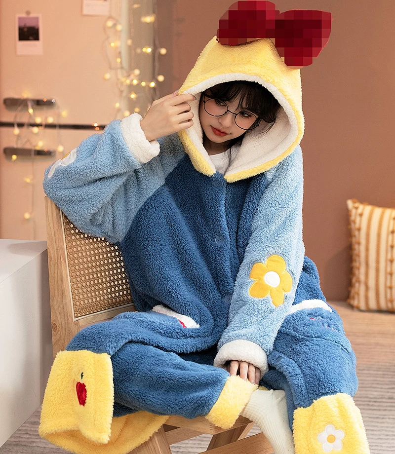 Winter Thick Warm Velvet Pajamas Set Soft Plush Nightgown Women Cartoon Hooded Flannel Robe Set Long Homewear Loose Home Clothes