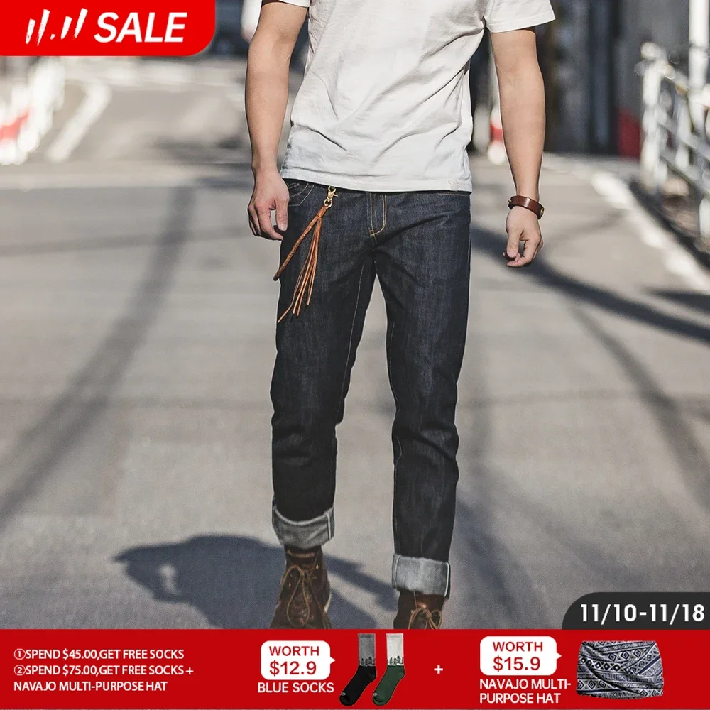 Винтажные тяжелые мужские джинсы Maden эластичные прямые брюки из денима с красной