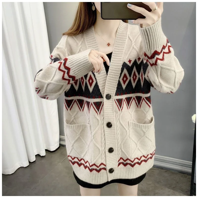 Новинка 2025 года свитер пальто женский свободный весенне-осенний жаккардовый