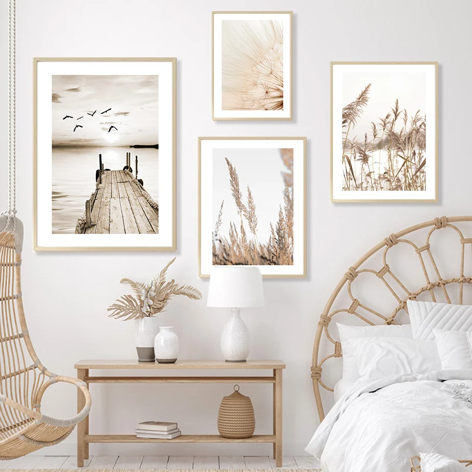 Настенная картина с изображением бежевого одуванчика птицы тростника травы