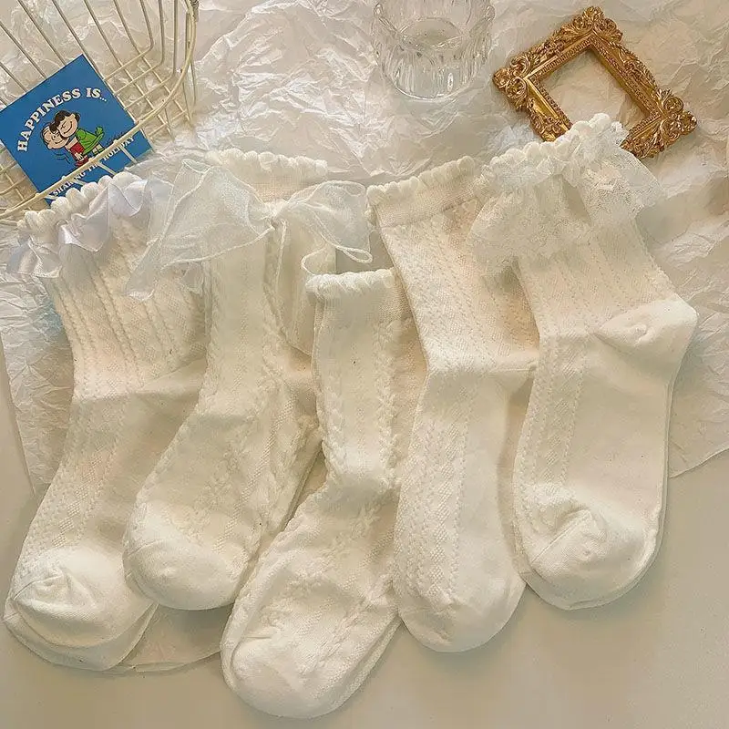 

5 Pairs Lolita Socks White Bow Lace Socks Middle Tube Japanese College Style Princess Socks Sweet JK Streetwear Hosiery